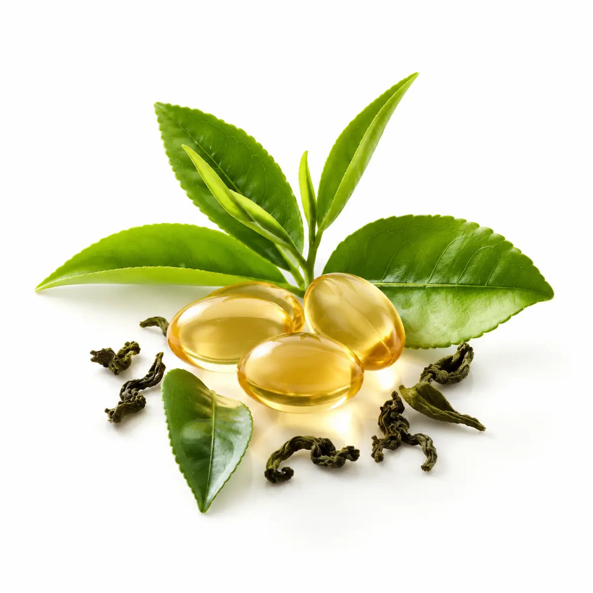 Golden vitamin E capsules with fresh green tea leaves